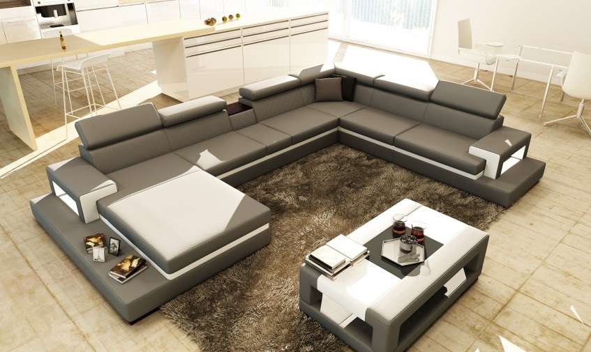 Leather sofa with USB, corner sofa U-shaped couch living landscape designer seating corner