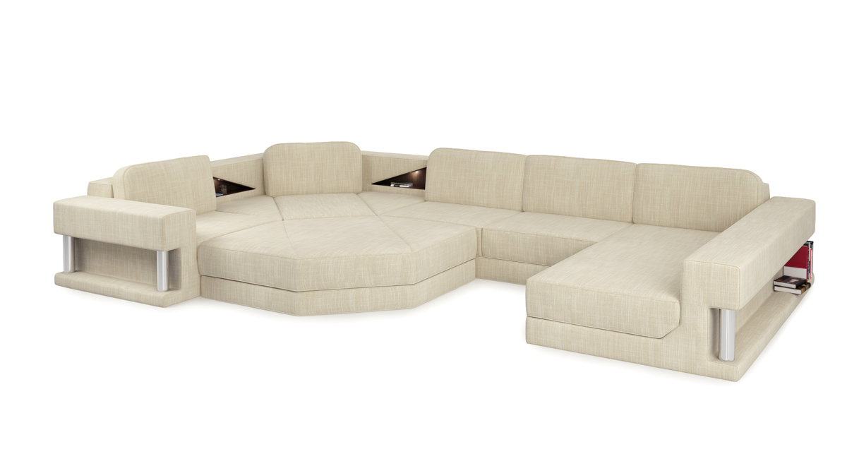 Modern corner sofa with USB upholstery design, textile set, living landscape, beige.
