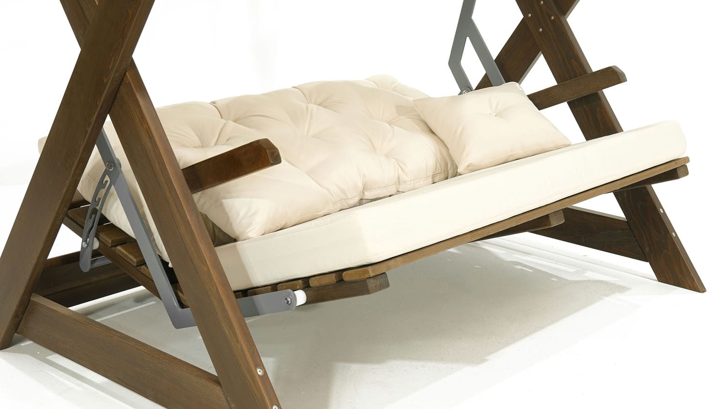 Dark brown garden swing luxurious outdoor cushions modern wooden furniture