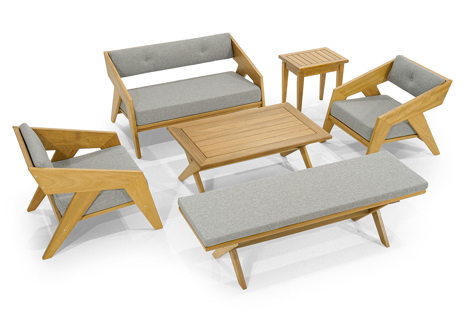 Stylish light grey garden furniture designer bench side table 2 armchairs