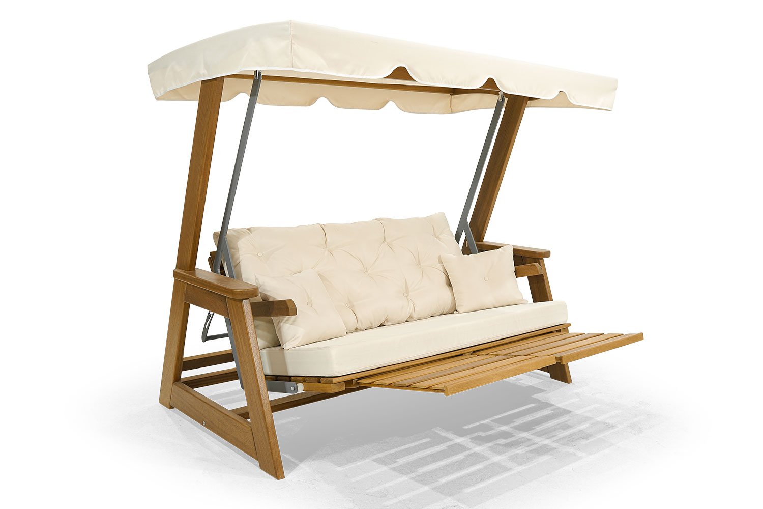 Light brown garden furniture, robust garden swing, elegant garden pendulum bench.