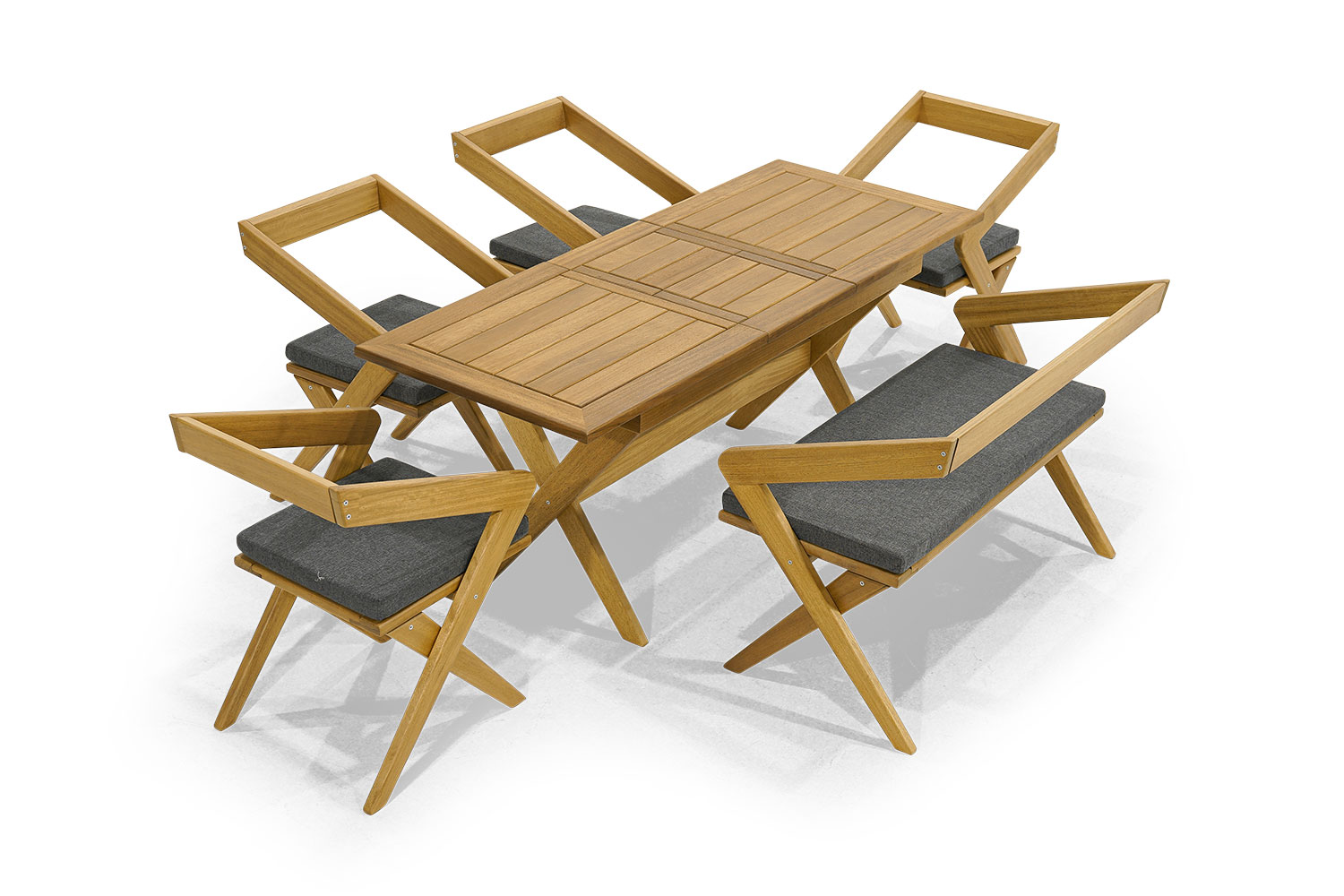 Brown garden set designer furniture wood dining table 4x chairs modern bench