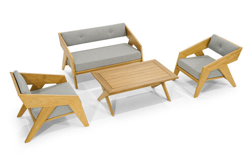 Light brown garden furniture set designer bench 2x wooden armchairs table