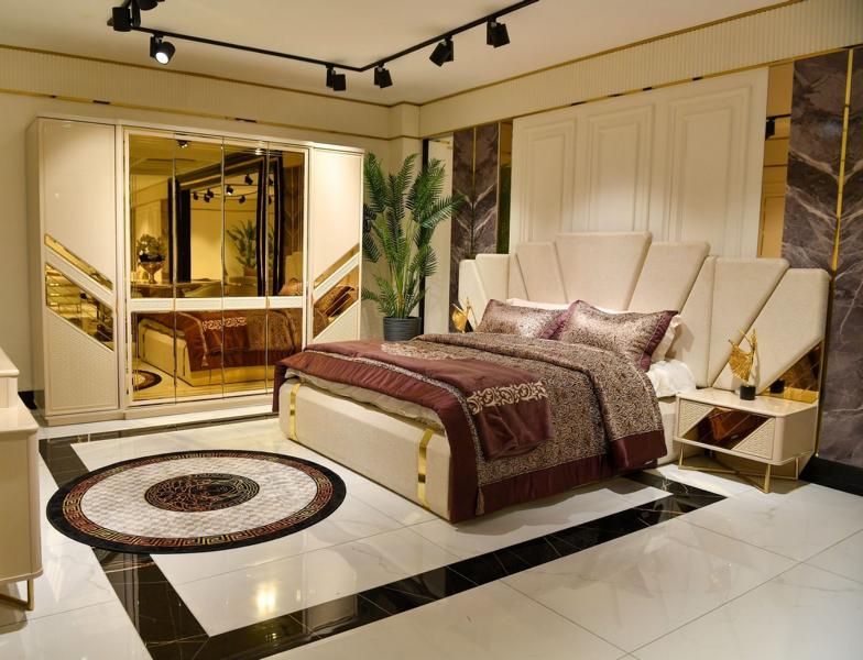 Double bed wardrobe mirror door bedside tables gold beige bedroom 4-piece set