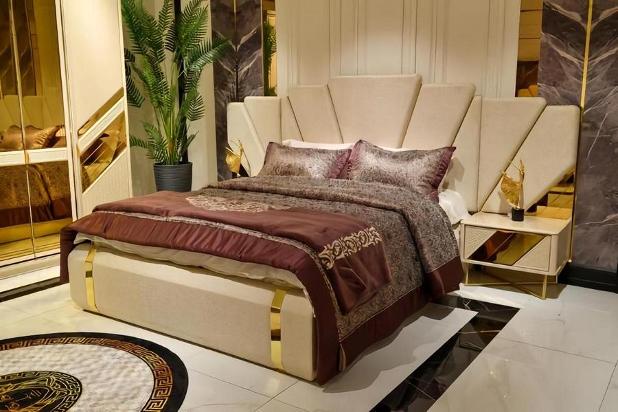 Double bed, mirrored bedside tables, beige gold, complete 3-piece bedroom set.