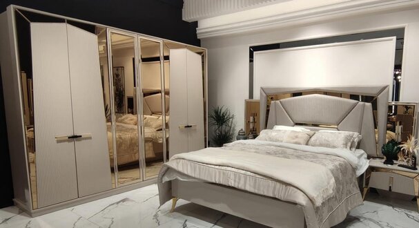 Bed Nightstands Wardrobe Mirror Door Beige Gold Bedroom Set 4-piece.