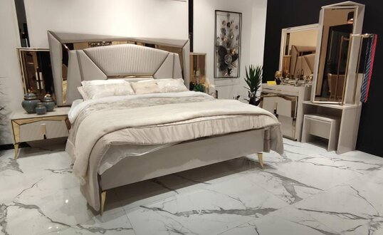Double bed nightstands with mirror dressing table beige gold bedroom