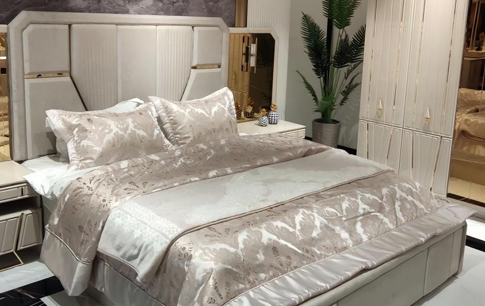 Bed Double Bed Bedroom Bed Upholstered Bed Bed Frame Beige Gold Luxury
