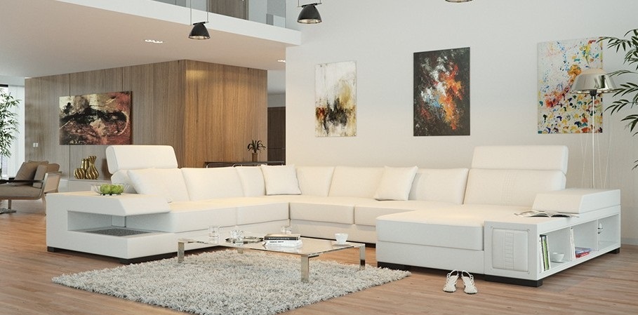 Corner sofa U-shaped couch upholstered corner sofa living landscape leather sofa Badra "White"