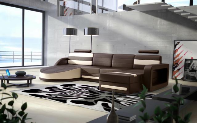 LIVING ROOM LANDSCAPE LEATHER SOFA XXL CORNER SOFA COUCH SET DESIGN CORNER COUCH Brown-Beige