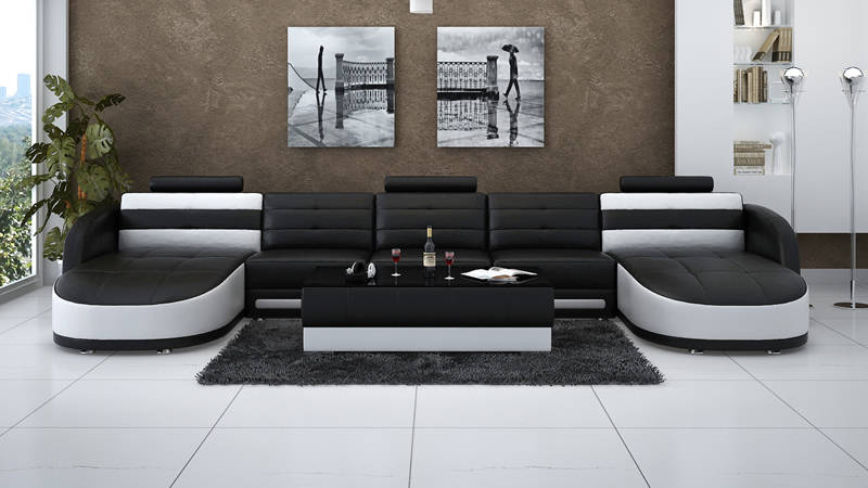Design Leather Living Room Corner Sofa Modern Set Couch Corner USB New Black