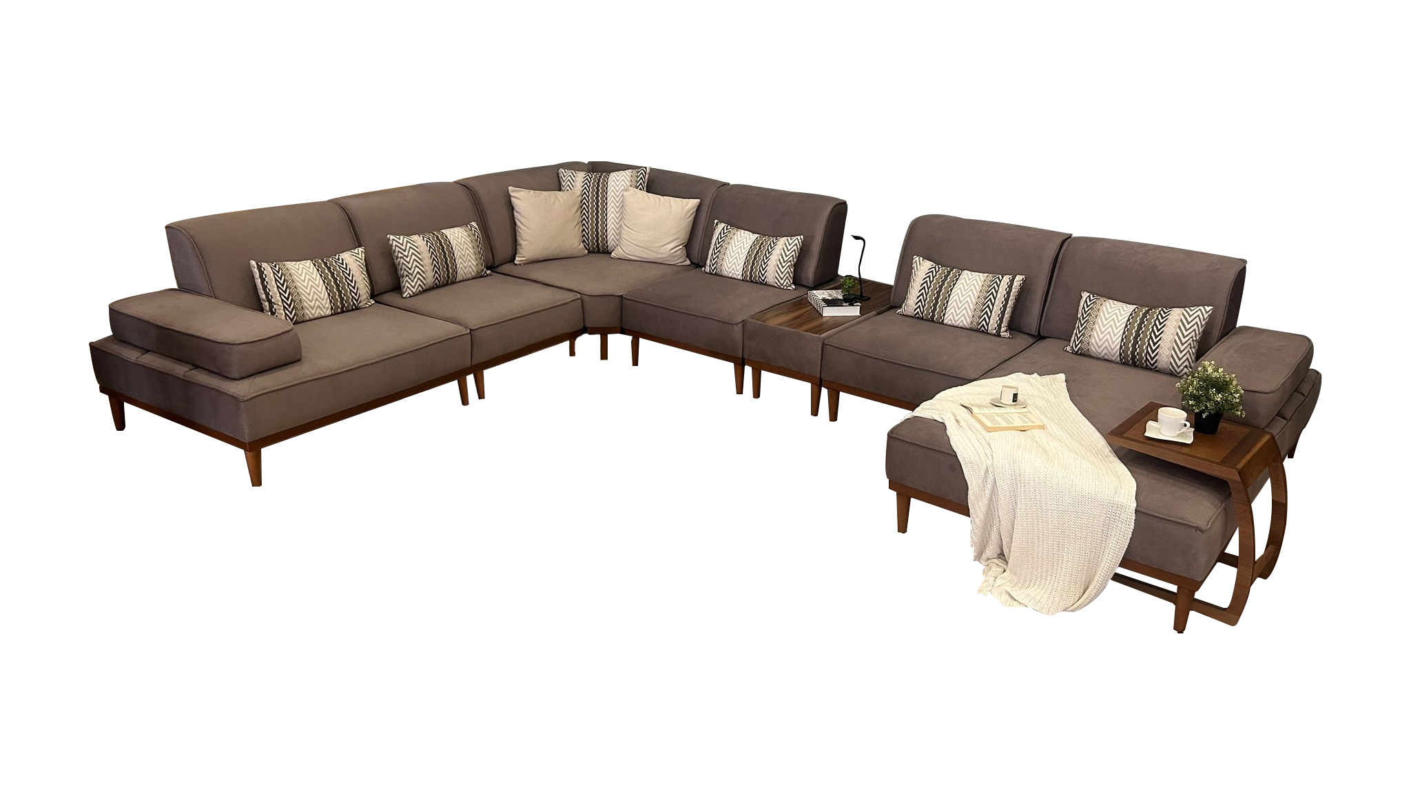 Modern upholstered corner sofa U-shape brown fabric with coffee table for living room