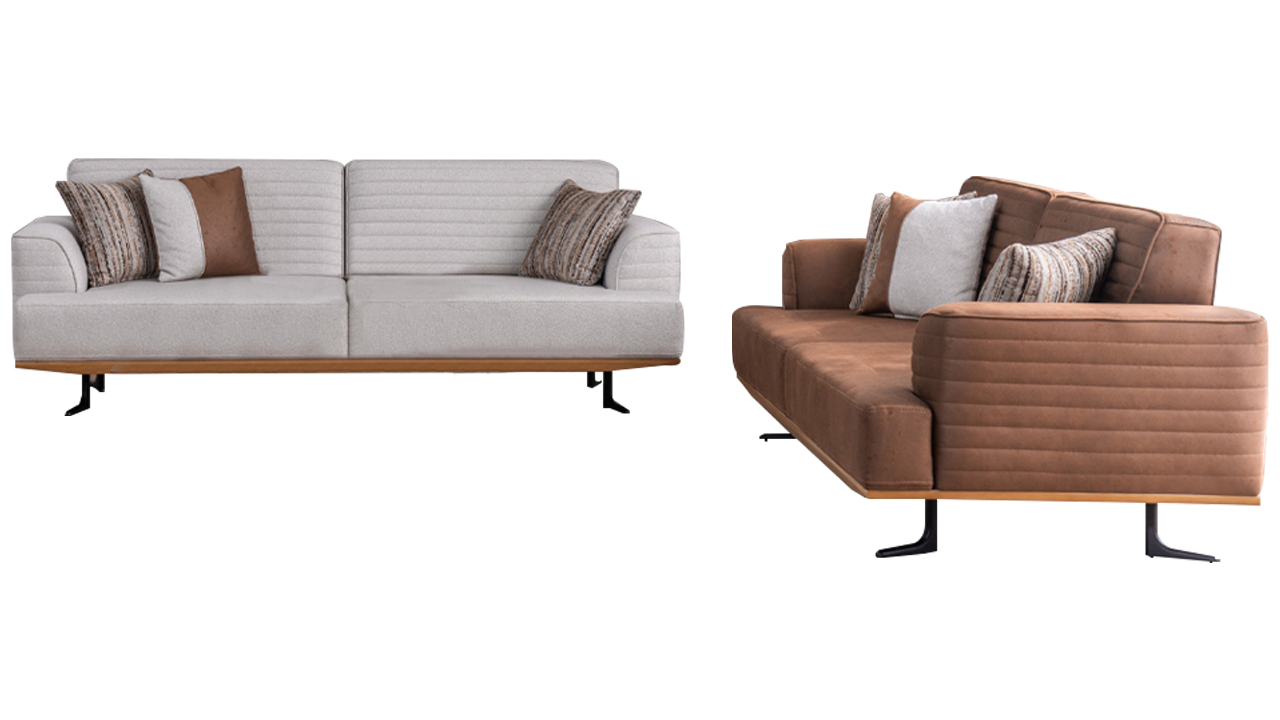 Modern three-seater sofa set in brown and gray color for living room.