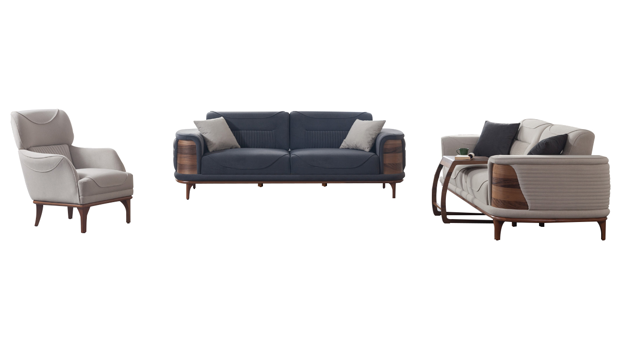 Two versatile sofas complete with white armchair luxurious upholstered