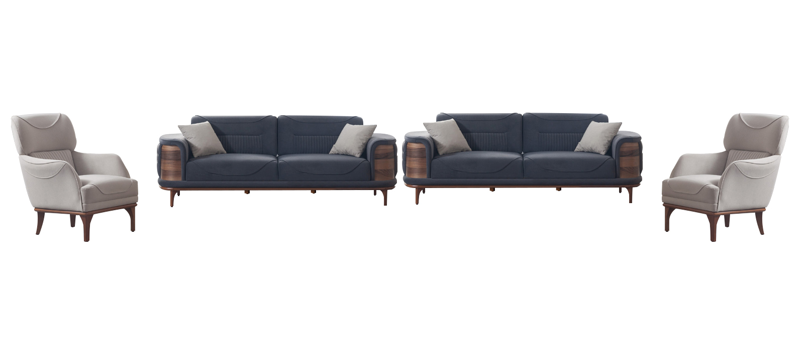 Two gray sofas complete with 2 white armchairs, luxurious upholstered armchairs.