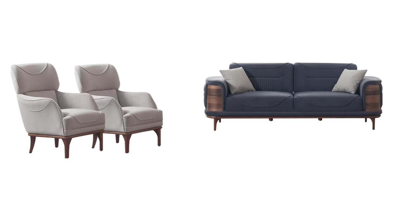 Gray sofa complete with 2 white armchairs, luxurious upholstered armchairs, new