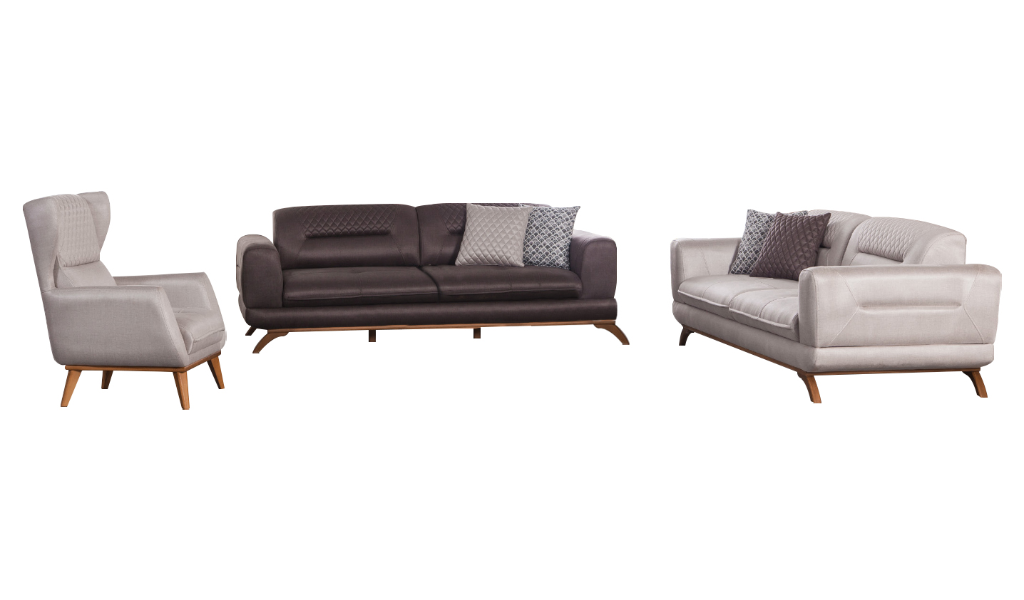 Textile sofa set for the living room in light gray and brown.