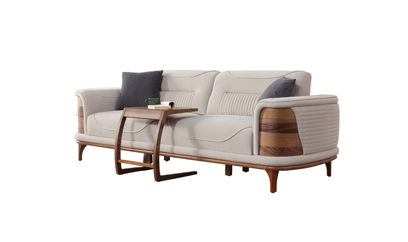 Three-seater sofas for the living room made of luxurious beige fabric.