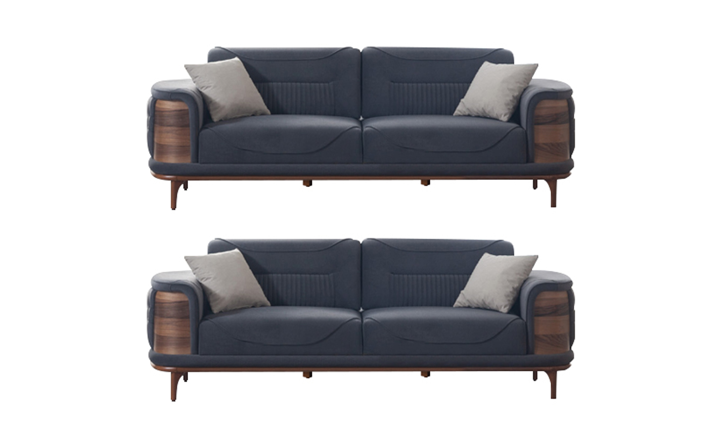 Two dark gray sofas in a modern style with wooden legs for a living room.