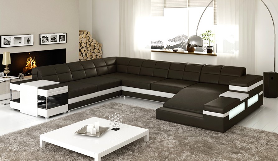 Leather sofa LED USB Sofa Couch Upholstery Corner Living Landscape Corner Sofa Design Leather
