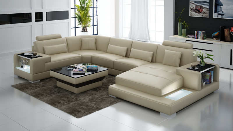 Beige Sofa corner sofa living area LED light upholstered seating set leather sofa USB