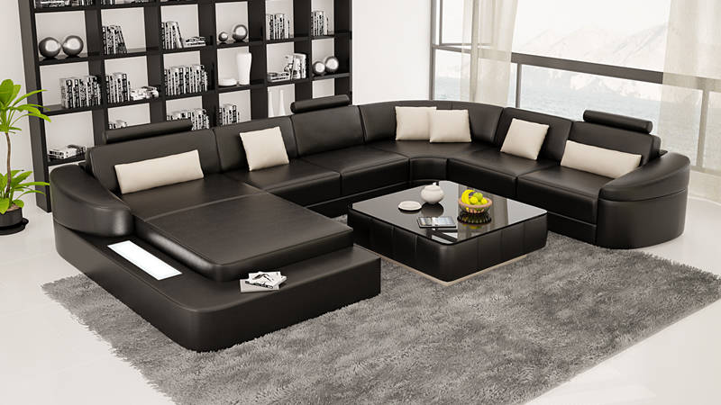 Luxury leather sofa upholstery modern seating set corner couch living landscape LED USB