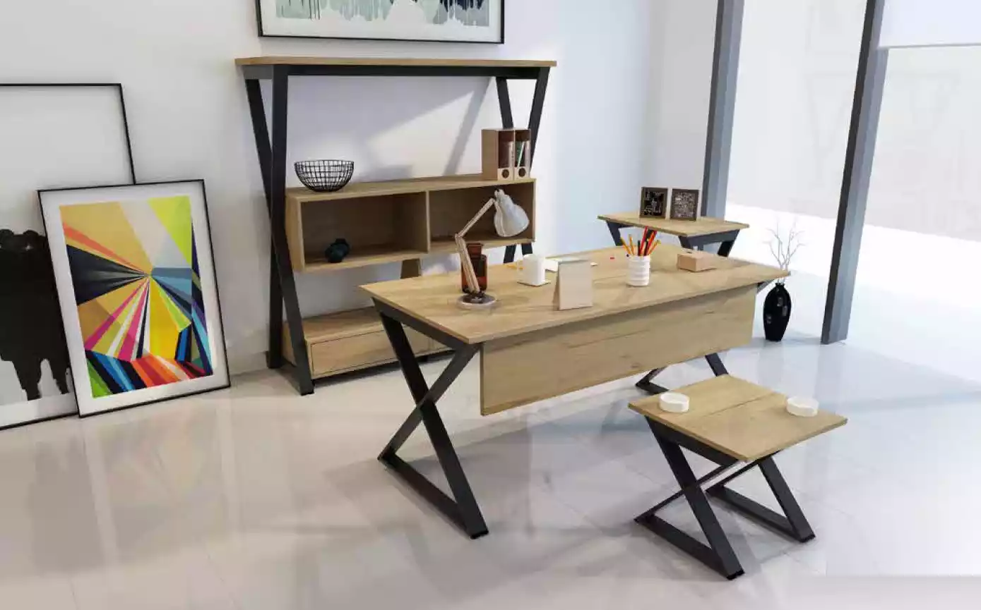 brown furniture set desk bookshelf coffee tables console table 4-piece