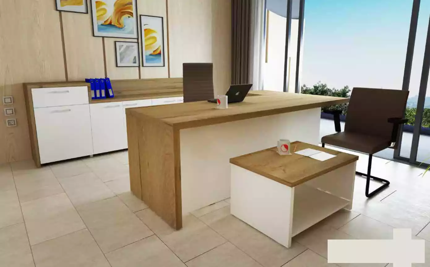 Office Modern Set Corner Desk Brown Coffee Table File Cabinet 3-piece.