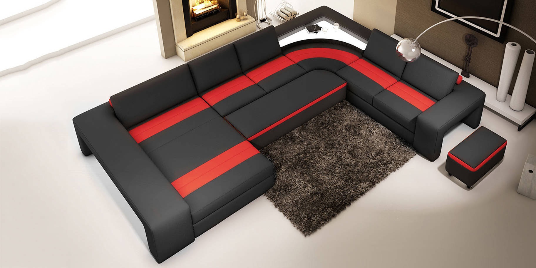 Corner sofa seating area with LED & USB, upholstered couch set in U shape, leather.