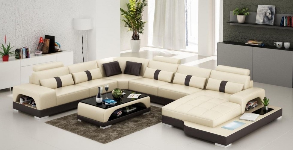 Leather U-shaped living room landscape couch big XXL sofa with LED USB upholstery corner set.