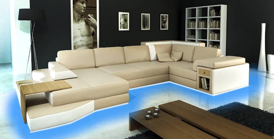 XXL Design Corner Sofa Big Sofa with USB Couch Living Area U Shape Leather Textile Corner