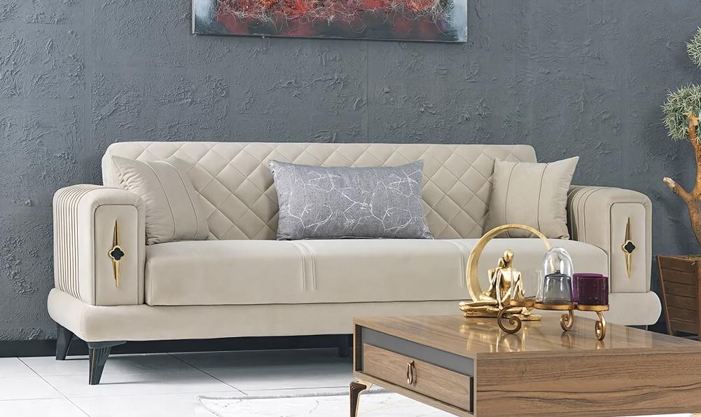 Living Room Beige Three-Seater Sofa Couch Textile Upholstered Furniture Sofas 3 Seater