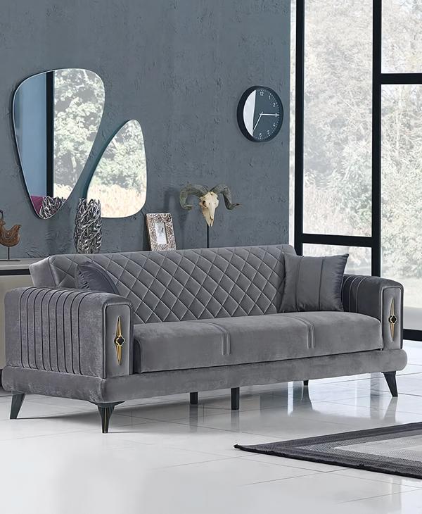 Modern gray three-seater sofa upholstered furniture textile design for living room.
