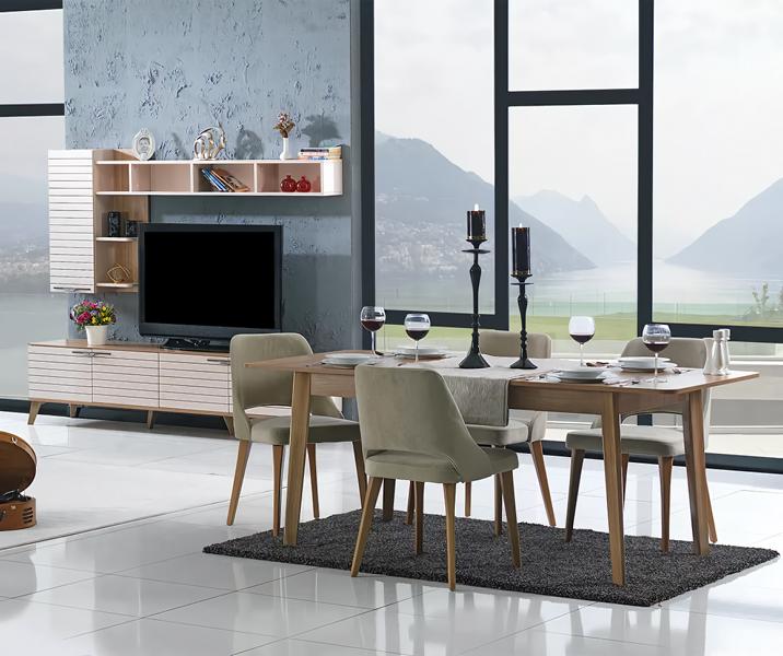 Dining table 4x chairs Modern wooden furniture living room set wall shelf design