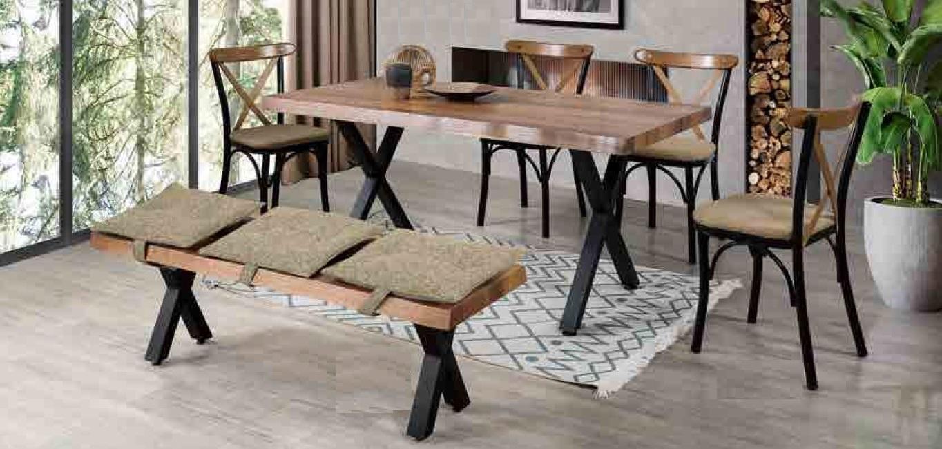 Dining table made of wood and 4 chairs with padded seats and a bench for the dining room.