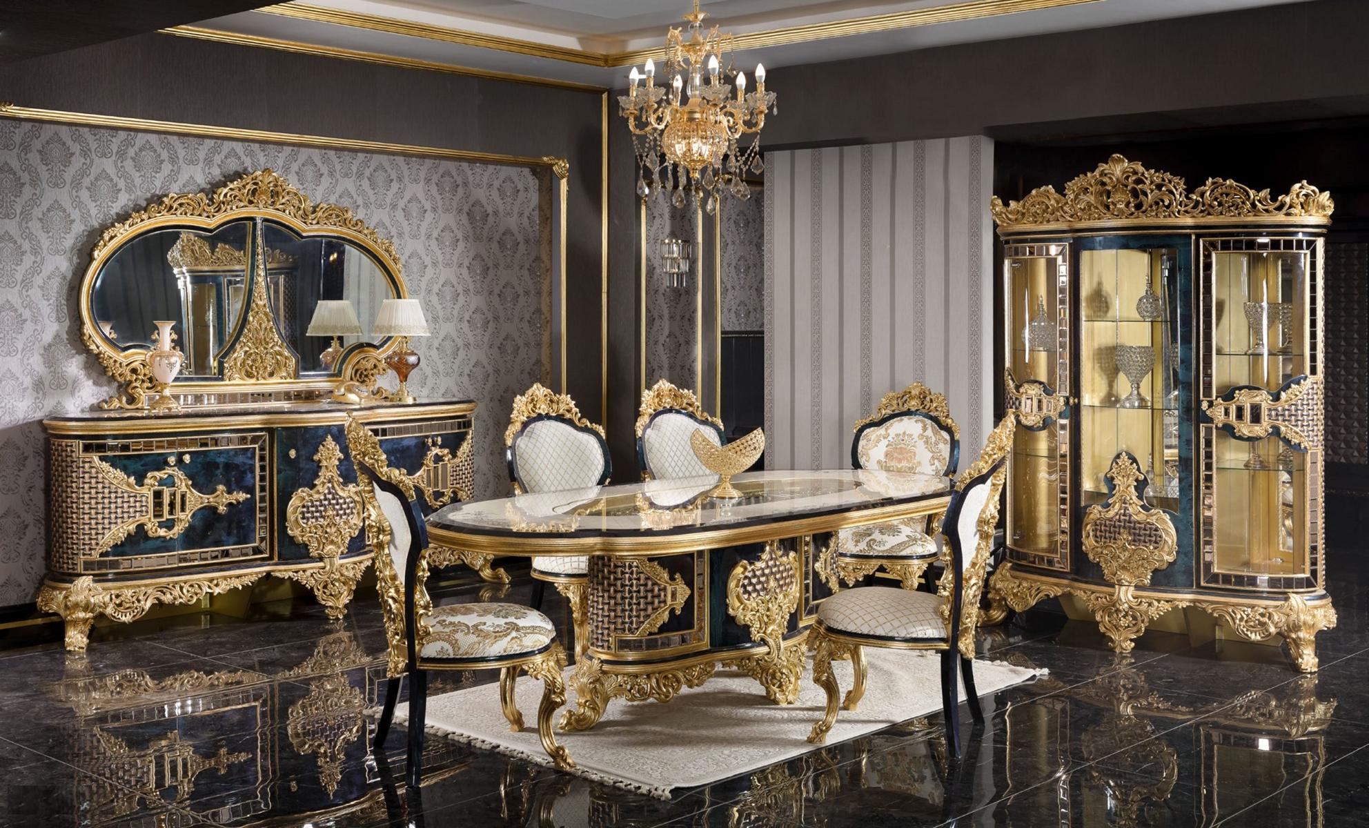 Stylish Black-Gold Dining Room Set Luxury Suite Sideboard Dining Table