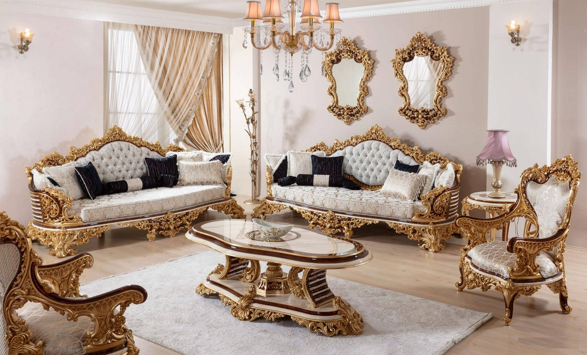 Classic White Chesterfield Sofa Set 3+3+1 Seats Coffee Table 4-piece