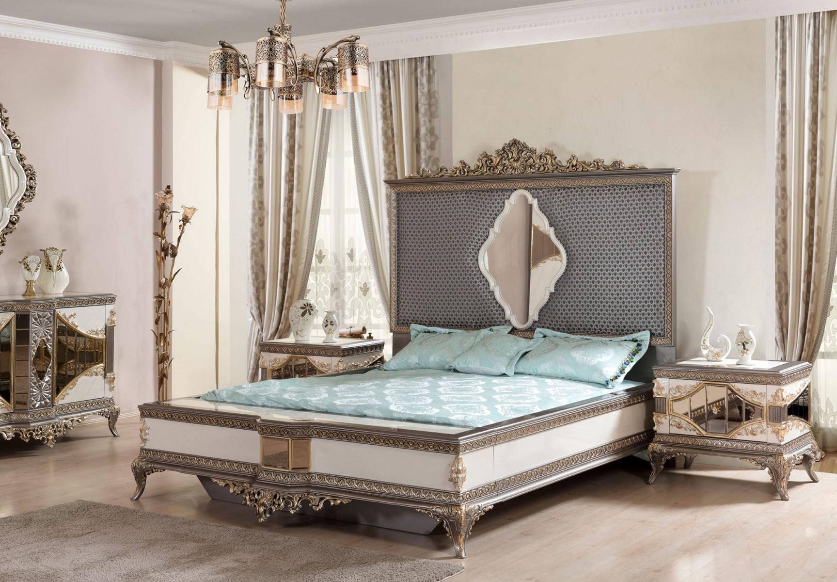 Classic Gray Bedroom Luxury Set Double Bed 2x Nightstands