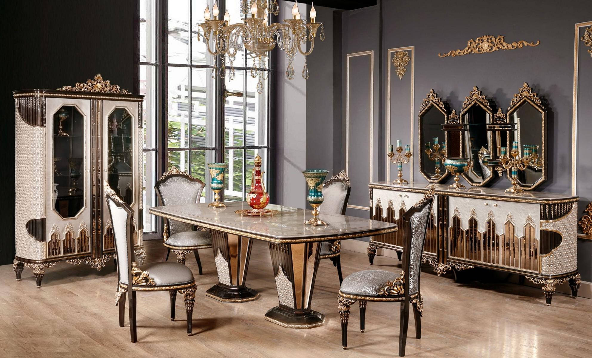 Classic white-gold dining room set dining table 6x chairs sideboard