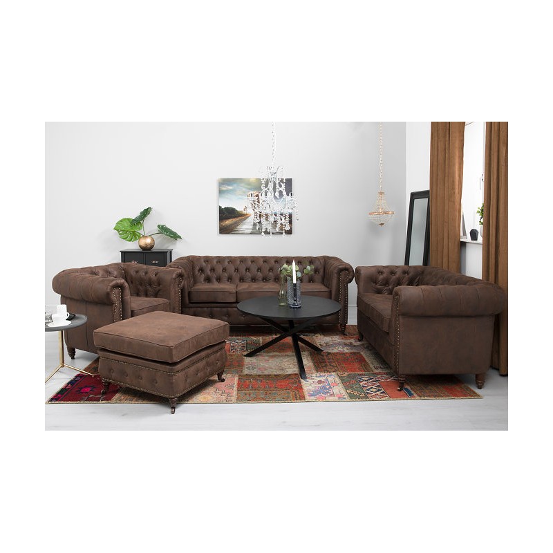 Chesterfield 3+2+1 seat sofa set + ottoman couch leather textile couches