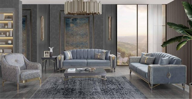 Luxurious gray upholstered sofa set living room 3-seater textile armchair