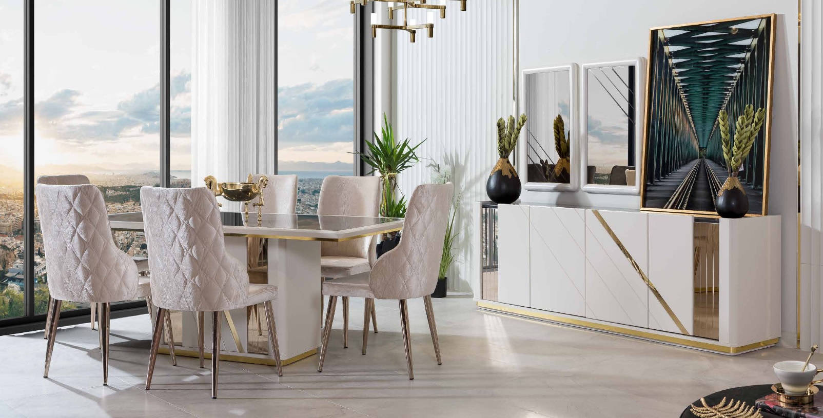 Beige stainless steel dining set designer dining table x6 chairs sideboard