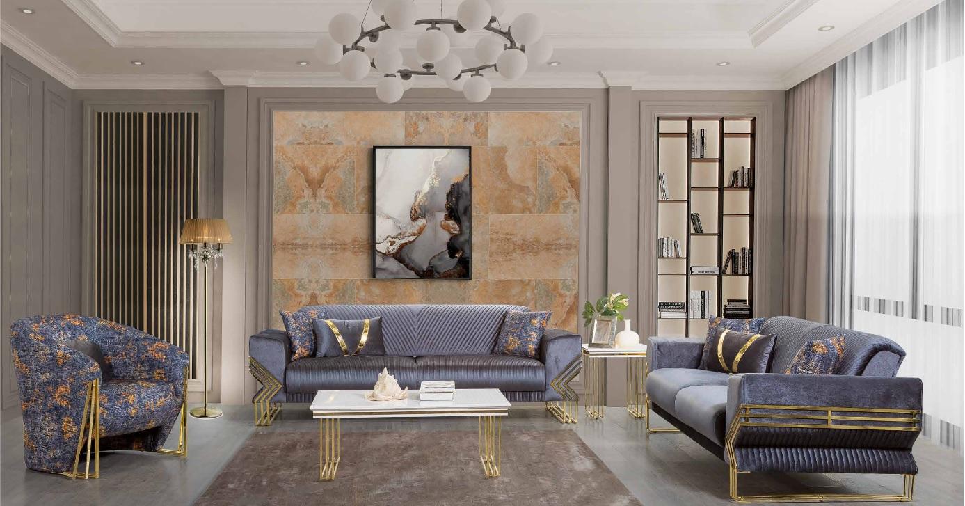 Light blue living room set designer 3-seater luxurious armchair coffee table