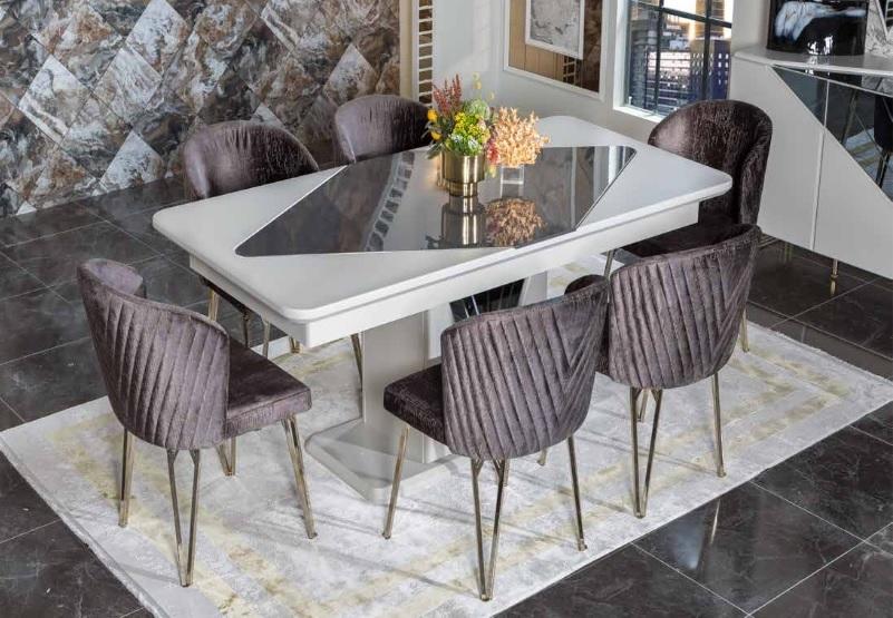 Designer white dining table x6 dark purple textile chairs dining room set