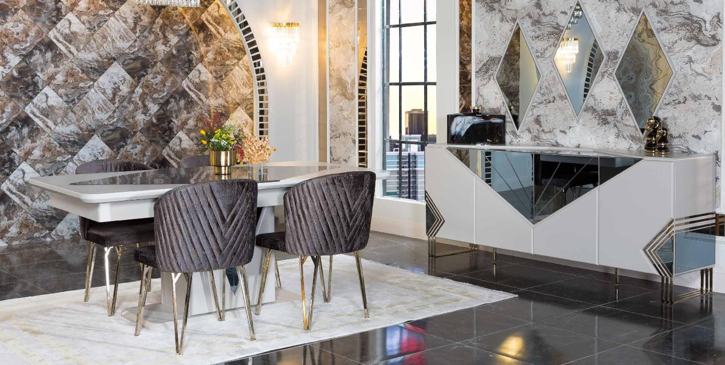 Luxurious dining room set designer dining table x4 chairs sideboard mirror