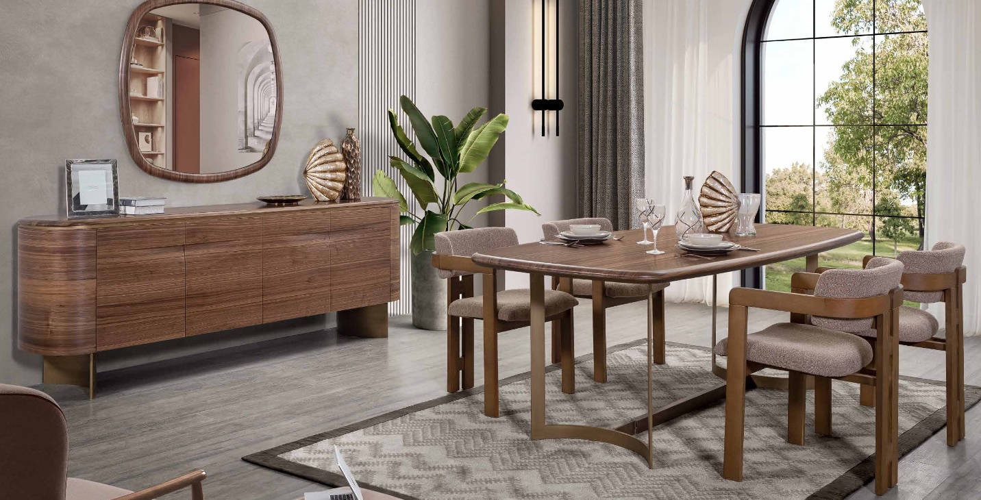 Dining room set dining table 4 chairs sideboard mirror modern set brown dining group