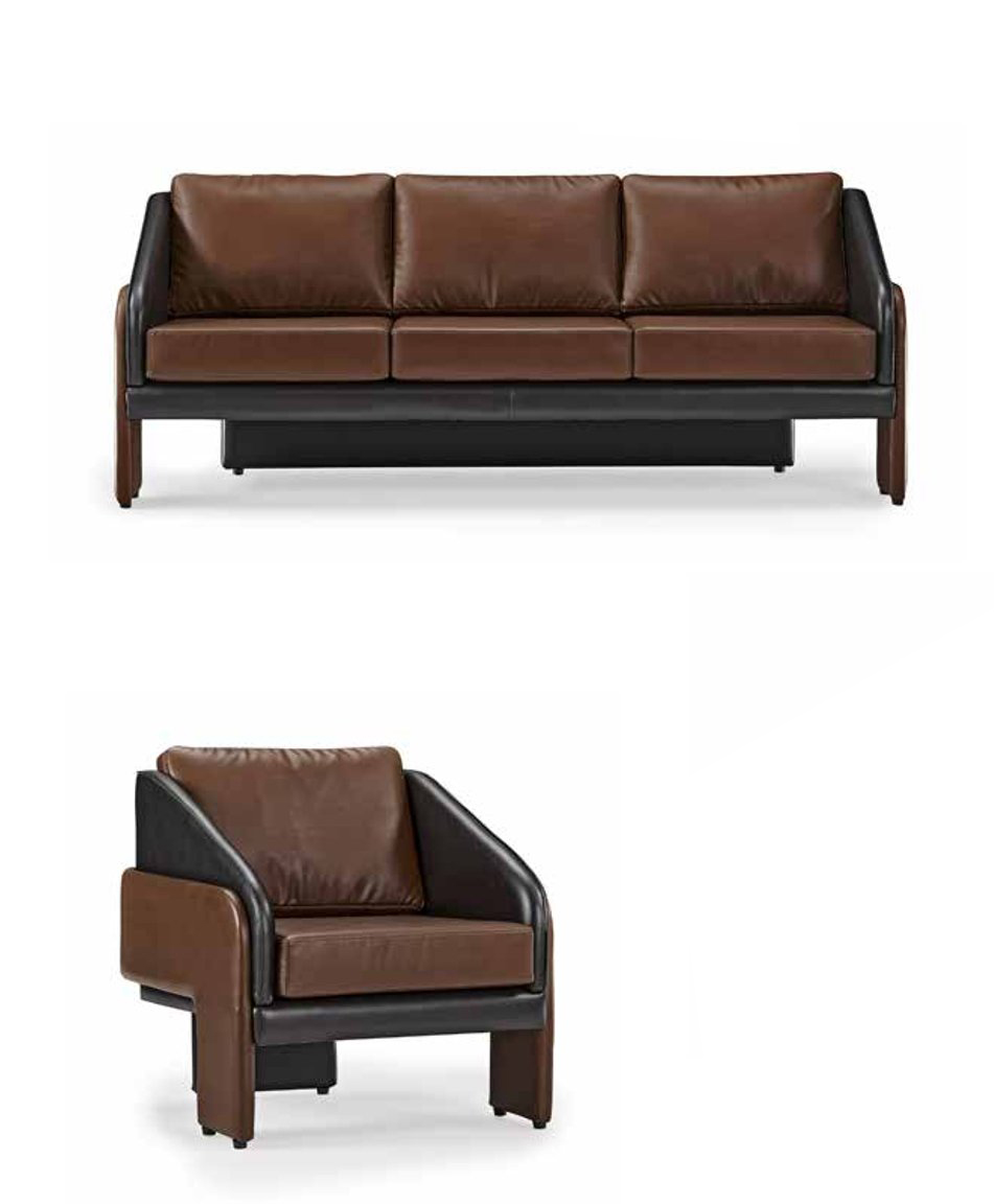 Brown-Black Leather Upholstery Stylish Three-Seater Armchair 2-piece set