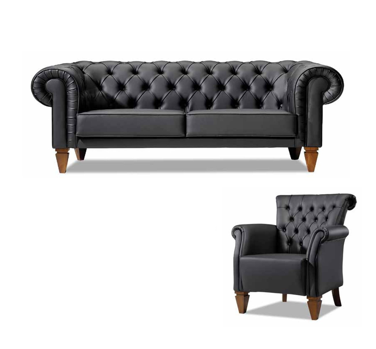 Black Chesterfield seating group leather sofa modern single-seater 2-piece set