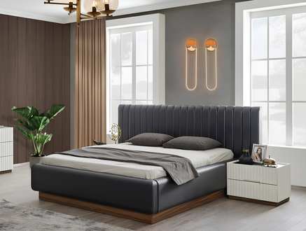 Exclusive gray-white bedroom set upholstered bed with 2 nightstands.