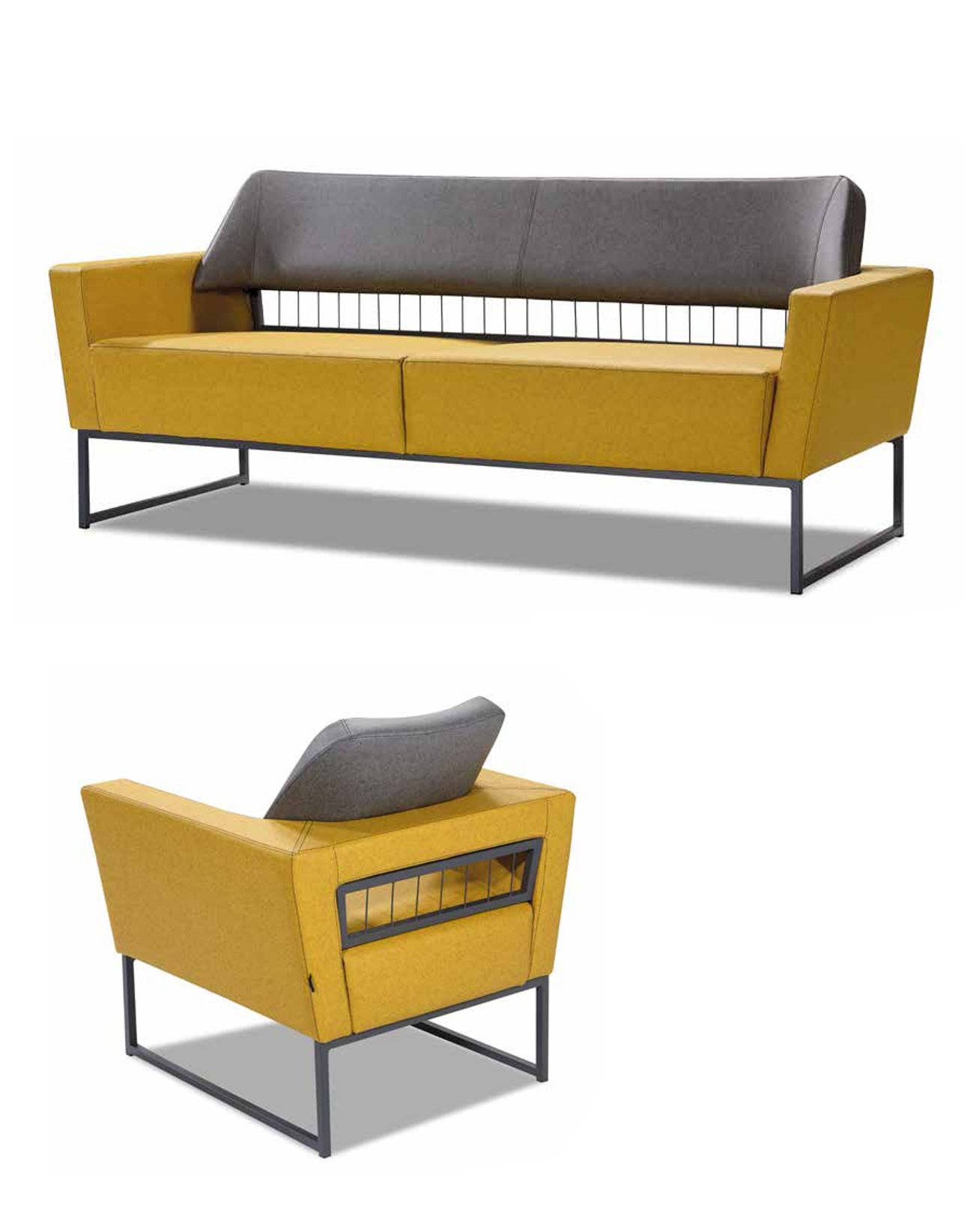 Luxurious living room seating set stylish yellow three-seater armchair.